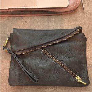Grey Leather Clutch with Gold Zippers